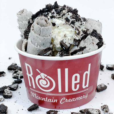 A Thai rolled ice cream with crumbled Oreo.