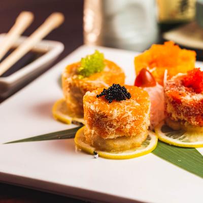 Spicy tuna, salmon, yellowtail and shrimp, with caviar, served over warmed crispy rice
