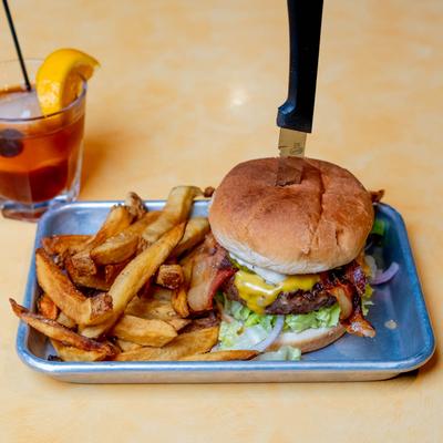 Standard Burger and home fries with Old Fashioned.