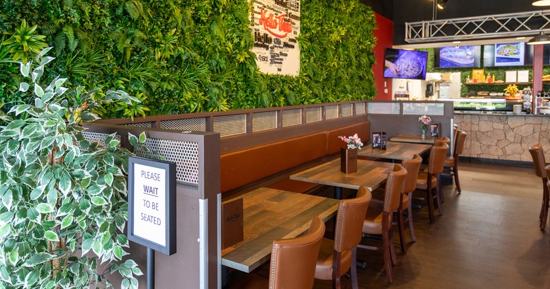 Interior space, dining area, lined-up dining tables