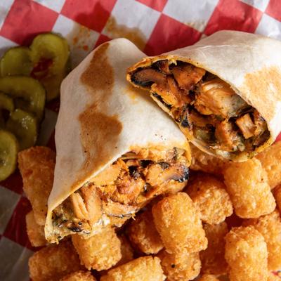 Buffalo chicken wrap, with tater tots.