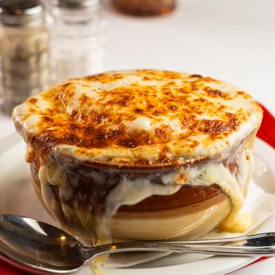 French onion soup topped with browned melted cheese