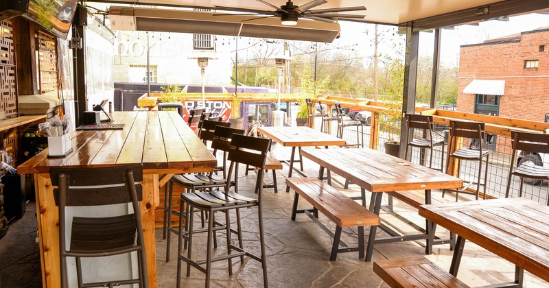 Seating area, wooden tables and seating