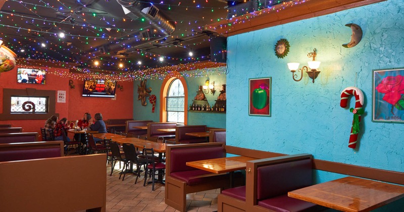 Interior, wall tables and benches with leather cushion and back