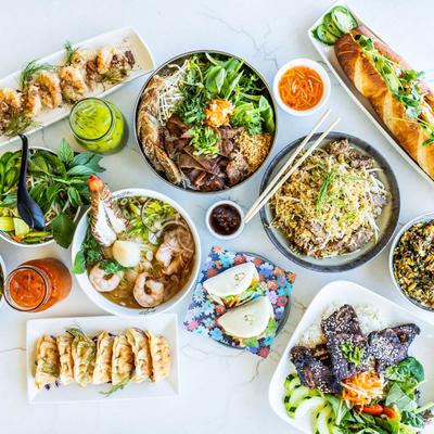 An assortment of dishes spread on the table, top view