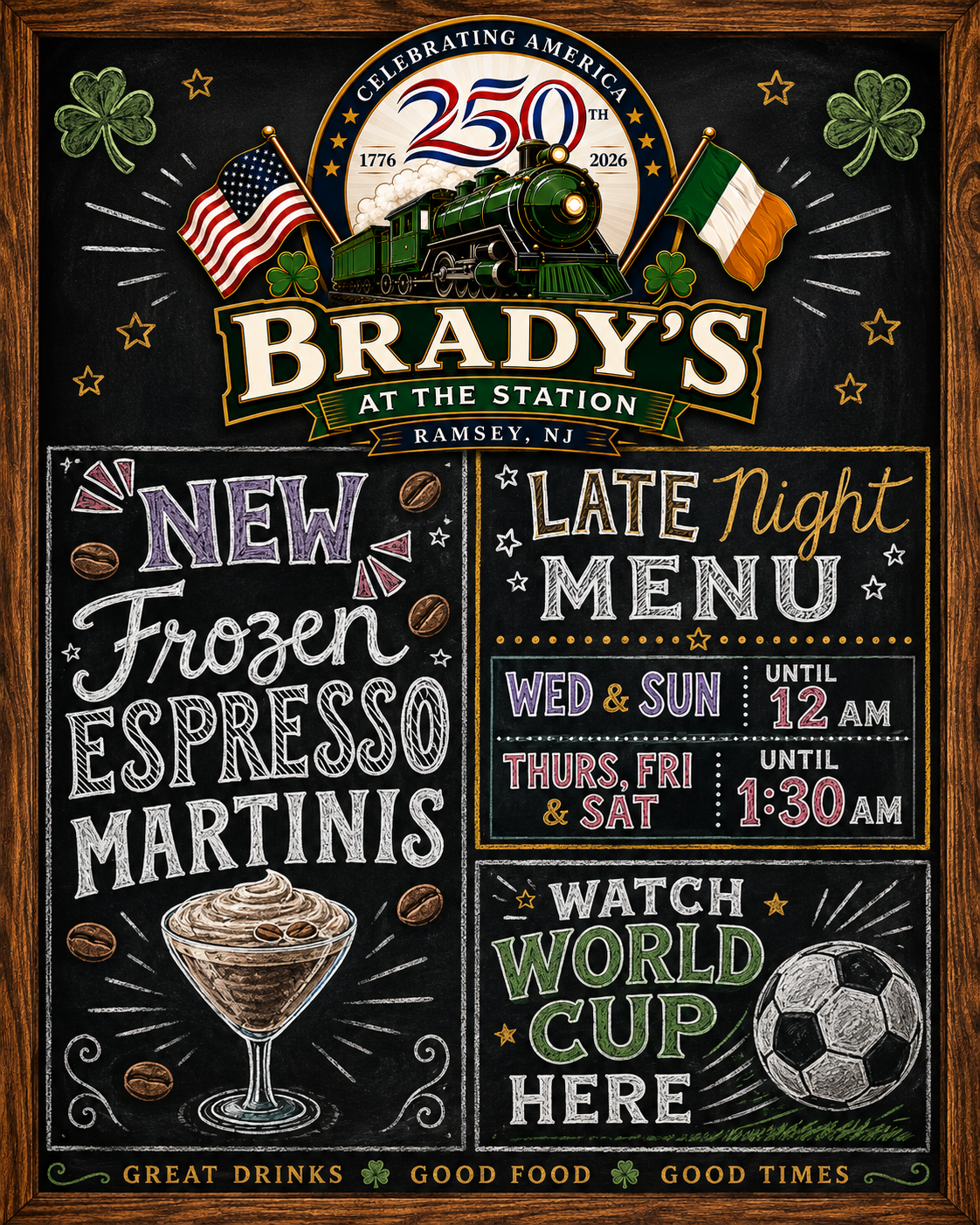 Summer 2026 Advertisement.  Frozen Espresso, World Cup Soccer, Late Night Menu