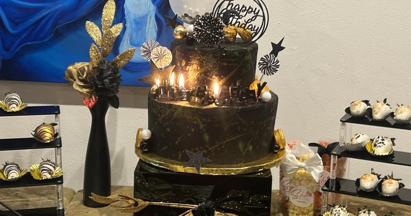 Birthday cake with candles and gold accents