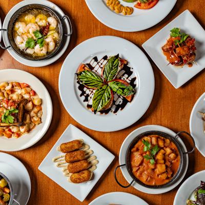 Different food dishes served on the table, top view.