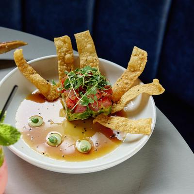 Tuna tartare, served, top view.