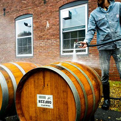 Employee hosing off a barrel.