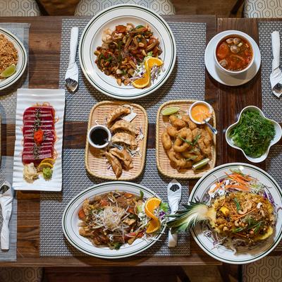 A top view of served meals.