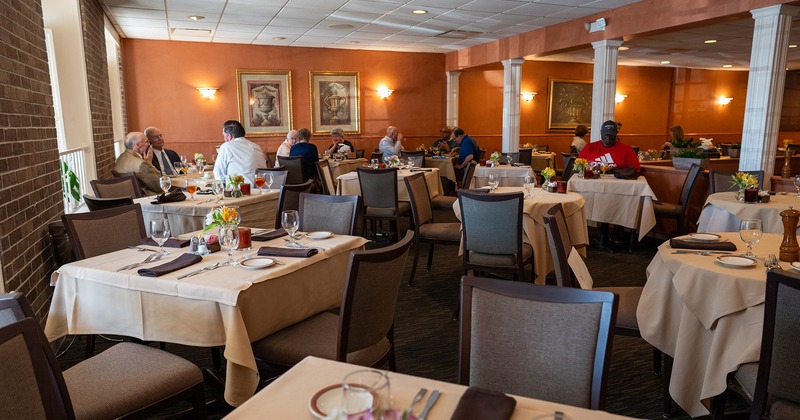 Restaurant interior, dining area with set tables and guests