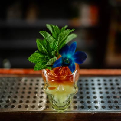 Layered cockail served in skull-shaped glass, garnished with mint and a flower.