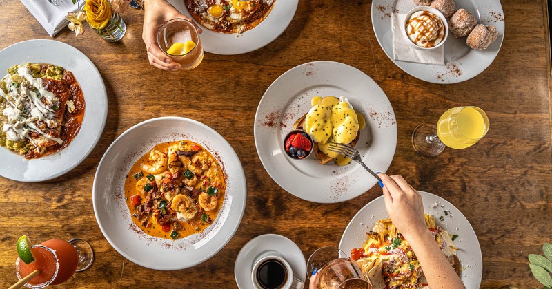 Interior, spacious dining area set for guests