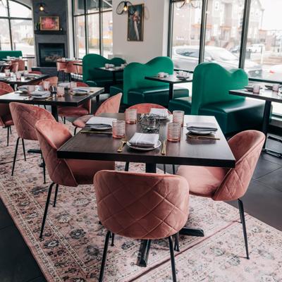 Interior, tables and chairs.