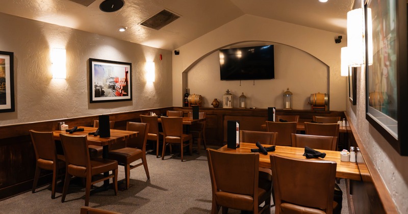Interior, dining area with wooden furniture and decorative elements