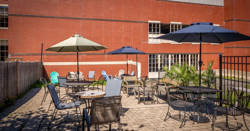 Exterior, chairs, tables and parasols