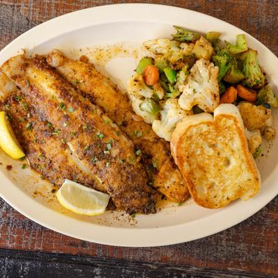 Seasoned Grilled Fish Fillets served with a Fresh Side Salad, Your Choice of Side & Garlic Bread.
