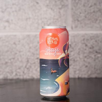 A colorful can of Offshoot Beer with beach-themed artwork.