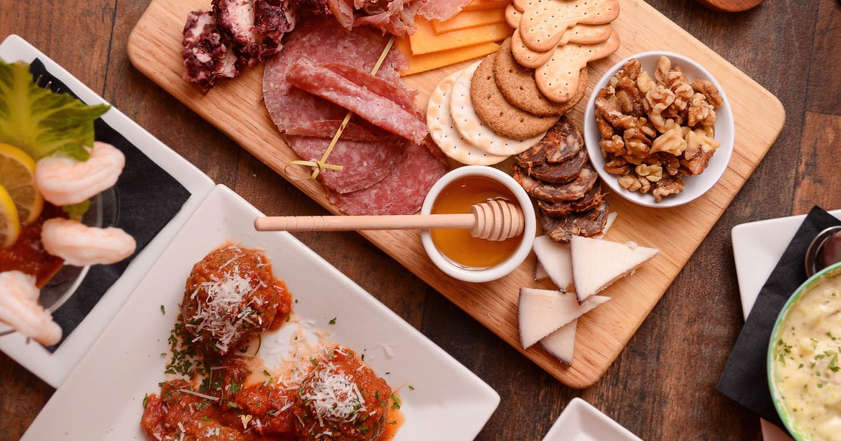 Assorted dishes, overhead view