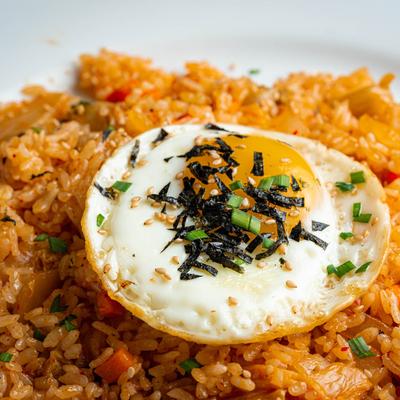 Kimchi Fried Rice toped with fried egg, close-up.