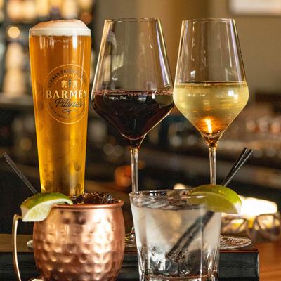 Beer, wine, and cocktails for happy hour.