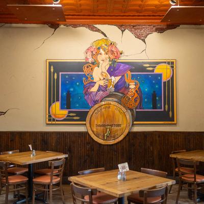 Interior, seating area with mural.