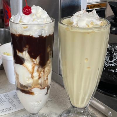 hot fudge sundae and an eggnog milkshake.