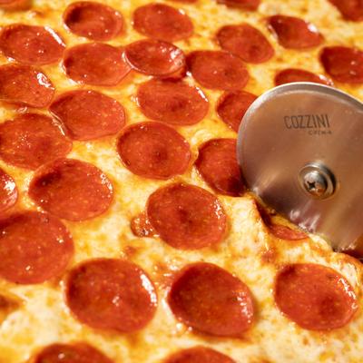 Close up of a pepperoni pizza.