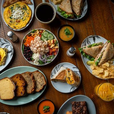 Served meals and drinks, top view.