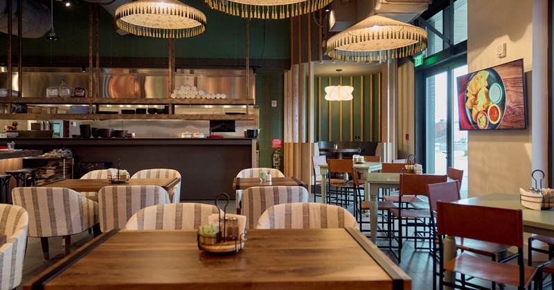 Interior, diner area, tables and chairs