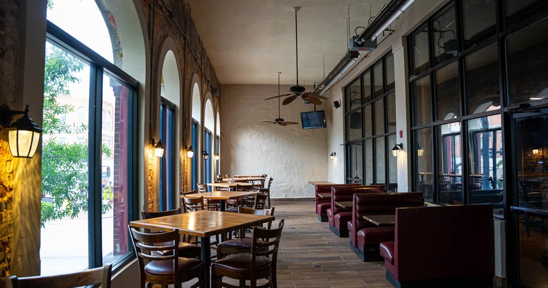 Interior, dining area with large windows