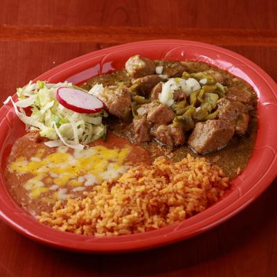 Chile Verde Tender Pork with rice and beans