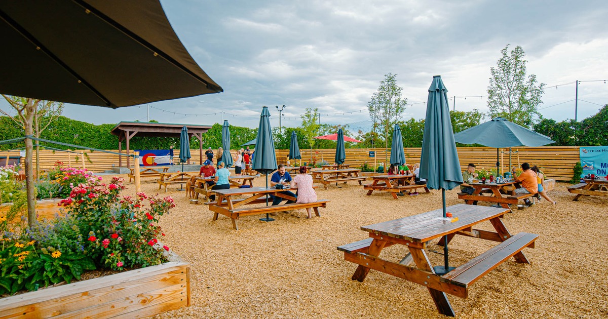 Patio, conjoined tables and benches