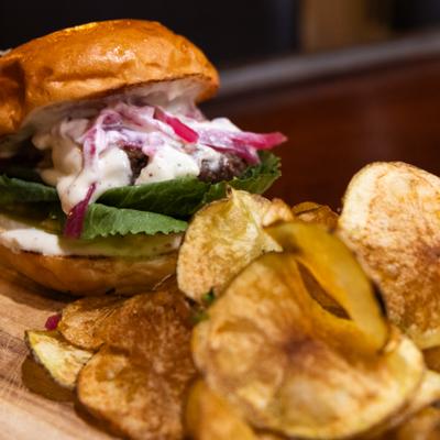 Kofta burger with house made potato chips.