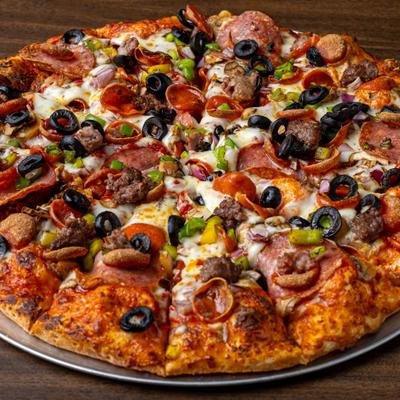 Fusion Combination Pizza with pepperoni, mushrooms, olives, bell pepper, beef and sausage,.