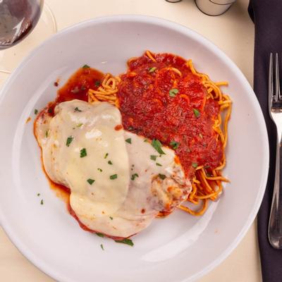 Chicken Parmigiana  with spaghetti and tomato sauce