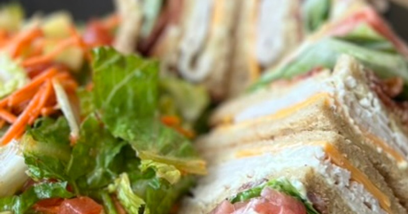 Club sandwich and salad, close up
