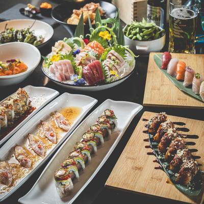 A table filled with serve food.