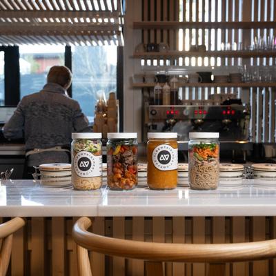 Interior, food jars on a counter.