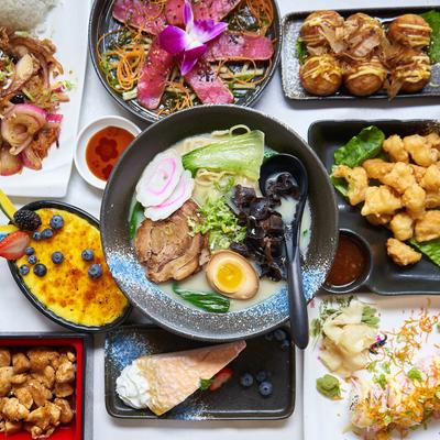An assortment of dishes, overhead view.
