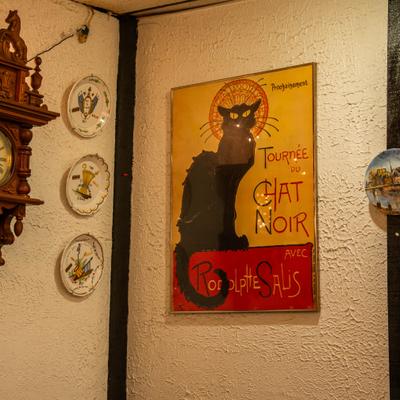 Framed art print depicting a black cat.