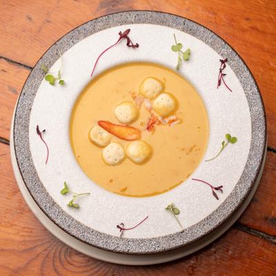 Serving of Lobster Bisque, overhead view.