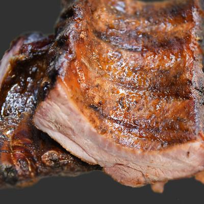 Smoked pork ribs, close-up view.