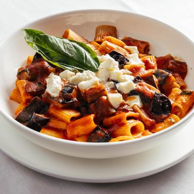 Rigatoni pasta, with eggplant, fresh tomato sauce, and mozzarella.
