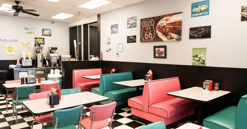 diner area, tables and chairs, booths, wide view