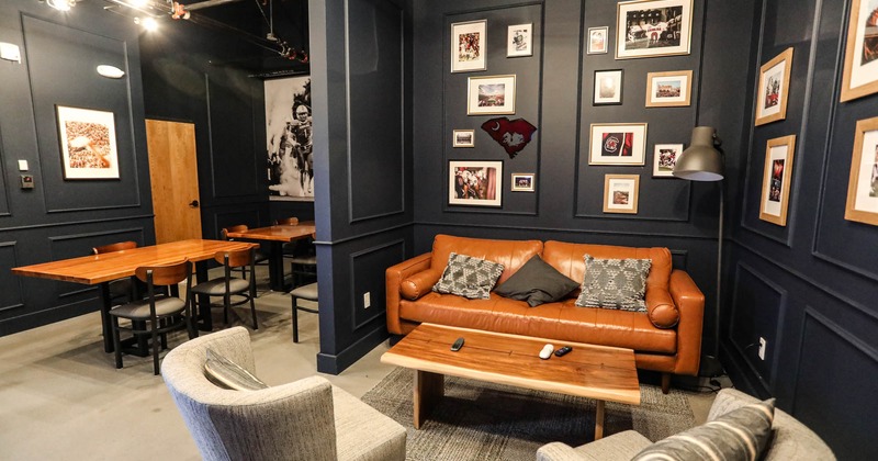 Interior, lounge seating area, and dining tables, wall decor