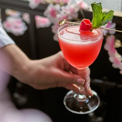 A red cocktail in a stemmed glass, garnished with mint and a raspberry