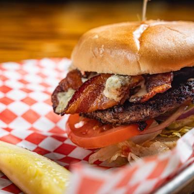 Blue Bacon Burger, close-up.