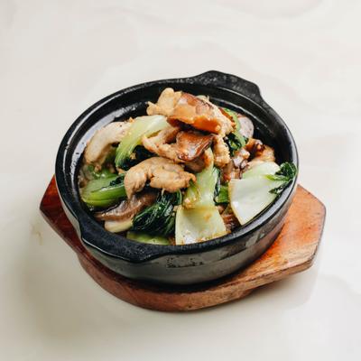 Stir fried chicken with Shiitake mushrooms and bok choy.